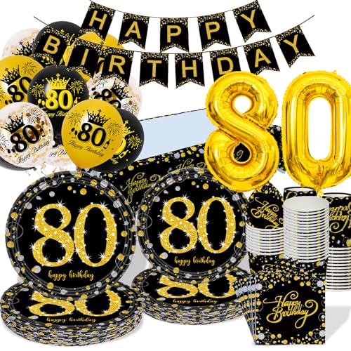 80th Birthday Decorations Party Tableware Set, Black Gold 80th Birthday Paper Party Plates Cups Napkins Tablecloth Balloons for Women Men 80th Birthday Party Decorations Table Supplies, 16 Guests