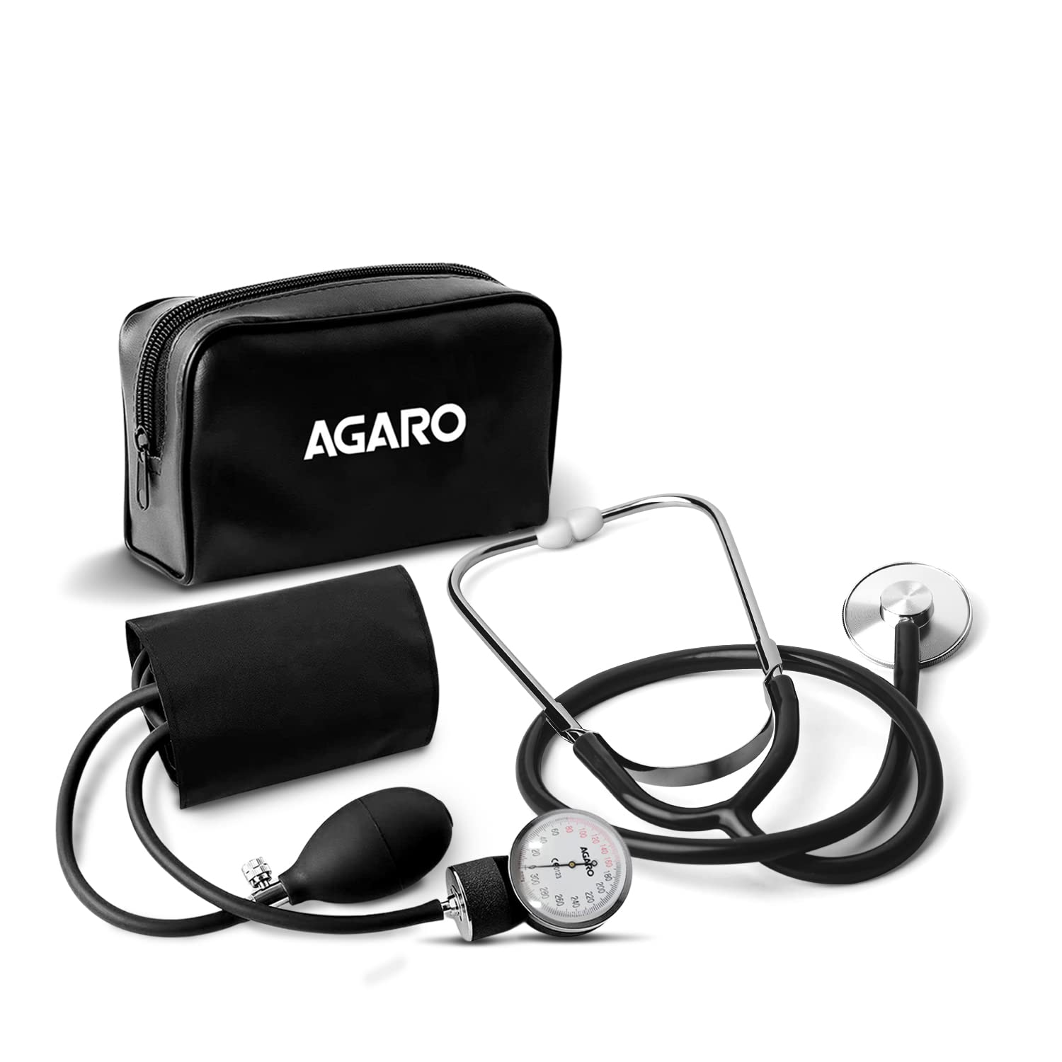AGARO SP102 Aneriod Type Sphygmomanometer With Stethoscope, Manual Arm Blood Pressure Monitor, Large Analog Dial, Adjustable Cuff, Stethoscope,Black