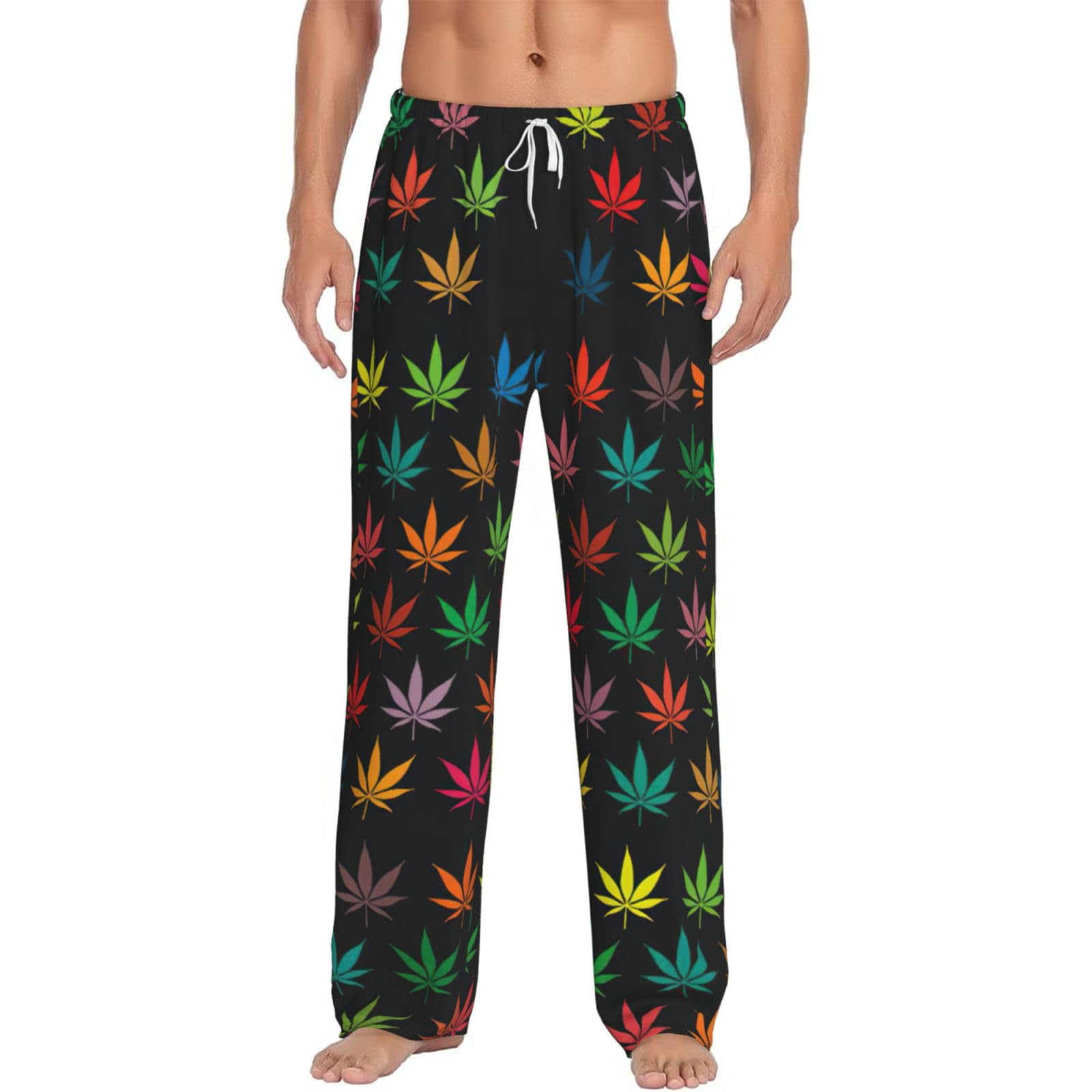 Ttiglhoh Men's White Colorful Cannabis Leaves Polyester Pajama Pants Long Pj Bottoms, Sleepwear Lounge Sleep Pants With Pockets Pack