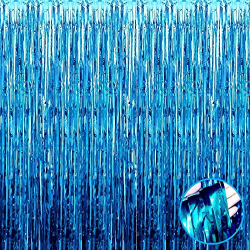 4 Pack Lake Blue Foil Fringe Curtain Backdrop, 3.3Ft x 9.8Ft Metallic Tinsel Foil Fringe Streamers Curtains for Photo Booth, Wedding, Thanksgiving, Birthday, Christmas, Halloween Party Decoration by HalloweenDecorate - Used condition - US$10.51