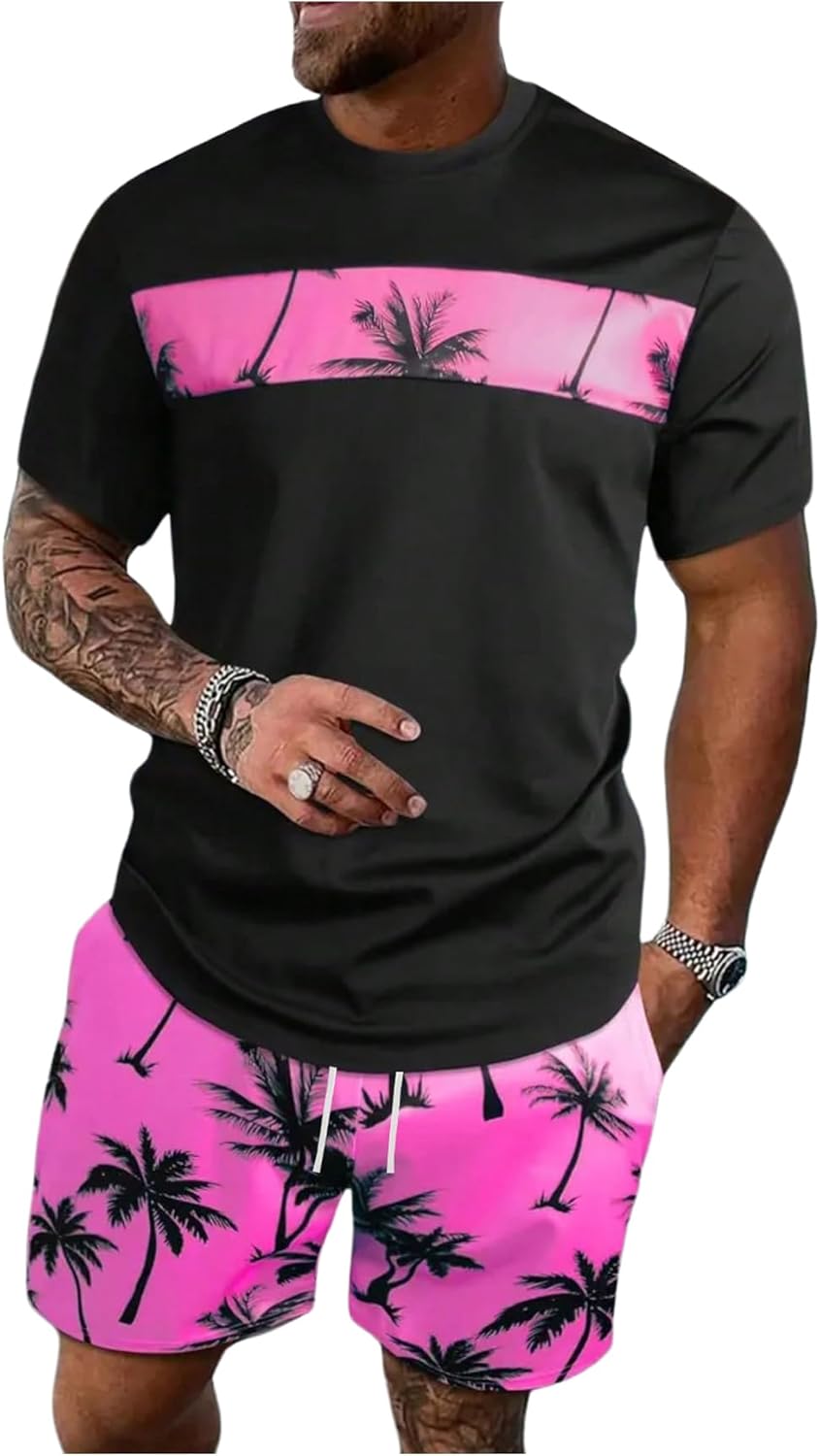SOLY HUX Men's 2 Piece Summer Vacation Outfits Tropical Print Short Sleeve T Shirt and Drawstring Beach Shorts Set
