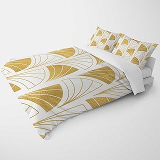YANFENQI Queen Kids Duvet Cover Gold Texture Geometry Checkered Curve Cabin Themed Bedding Zipper Closure (Queen,90