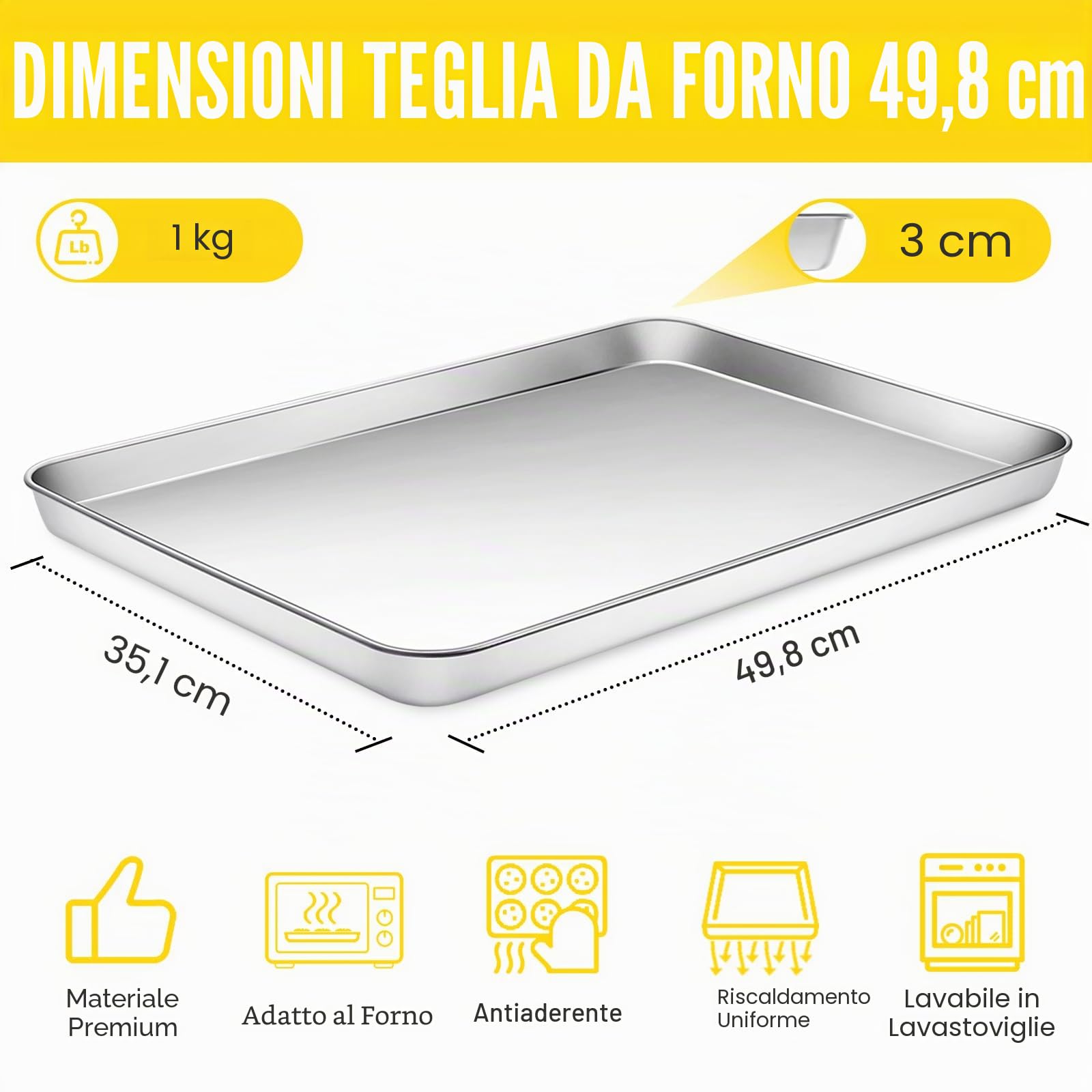 Terlulu Teglia da forno, teglia per biscotti, teglia in acciaio inox, 2 pezzi, 40 x 35 x 3 cm, grande teglia per forno, teglia da forno per cottura e arrosto, antiaderente e atossico e facile da