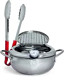 Fritadeira Japonesa em Aço Inox, 29cm, 4,2L, com Tampa e Termômetro, Escorredor de Óleo