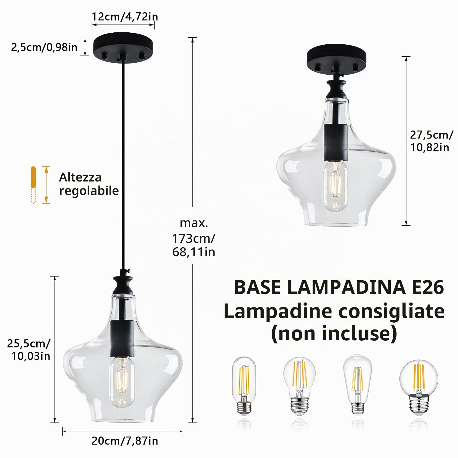 Lampada a sospensione in vetro E26 in vetro trasparente ombra nero Isola di fattoria lampada sospensione per cucina illuminazione a sospensione sopra lavandino camera da letto sala da pranzo (nero-B)
