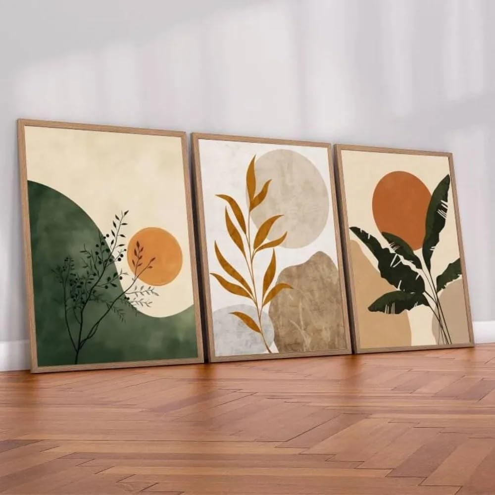 GOSRD Canvas Prints Paintings,Bohemian Wall Art Green And Orange Abstract Plant Living Room Bedroom Decor(30x50cm-3Pcs)