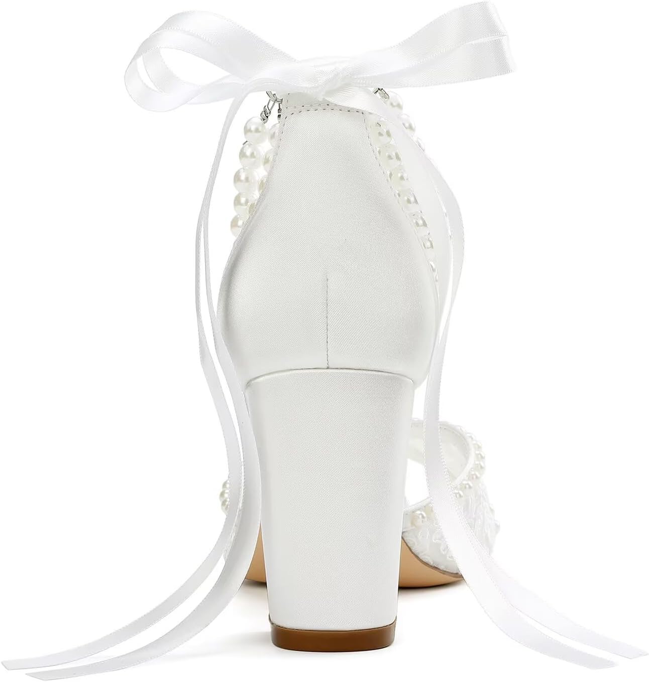 Lace Wedding Shoes for Bride Pearl Heels Bridal Shoes Block Heel Wedding Sandals - Image 5