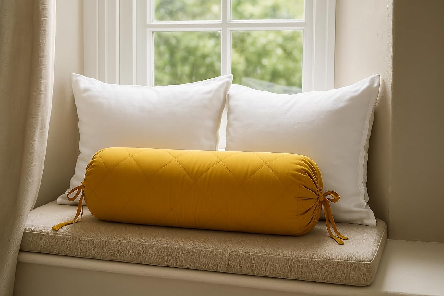 Saffron Quilted Bolster Pillow Cover (Mustard, 8" Diameter x24 Long (20 cm x 60 cm))