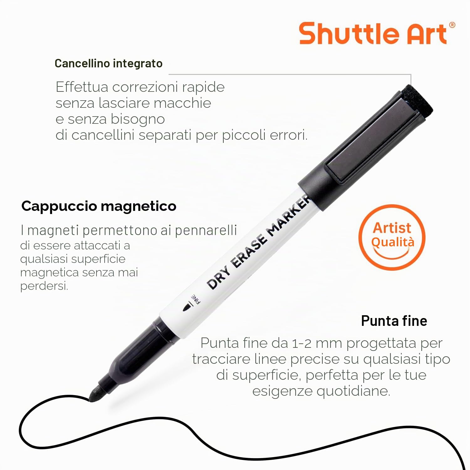 Shuttle Art Pennarelli Lavagna Bianca Cancellabili Punta Fine, 15 Neri, Pennarello Bianco Secco per Scritte Ufficio Casa