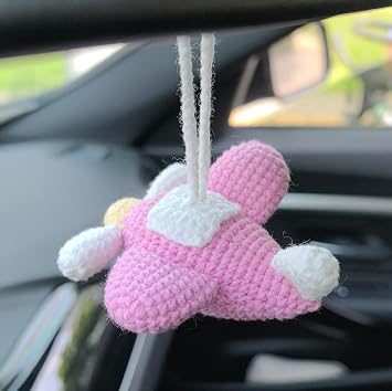 Crochet Pink Aircraft Car Accessories, Handmade Knitted Rearview Mirror Hanging Accessories Car Decor for Women Girls