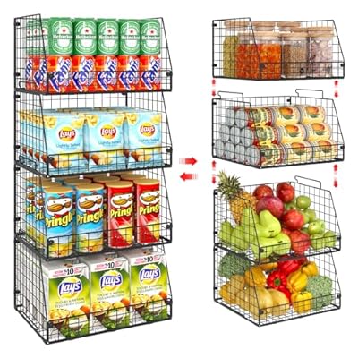 Jakyitvi 4 Pack XXL Stackable Wire Storage Basket, Extra Large Capacity Pantry Organizer and Storage, Muti-Purpose for Vegetable Fruit Basket & Can Organizer & Snack Rack & Metal Pantry Bin