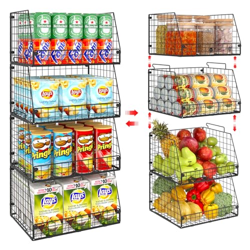 Jakyitvi 4 Pack XXL Stackable Wire Storage Basket, Extra Large Capacity Pantry Organizer and Storage, Muti-Purpose for Vegetable Fruit Basket & Can Organizer & Snack Rack & Metal Pantry Bi...