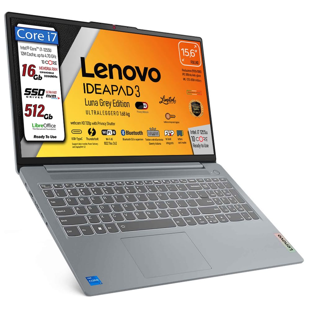 Lenovo Notebook PC Portatile i7 1255U 10Core 16GB RAM 15,6" Full HD | Antiriflesso, SSD PCI 512GB, Wi-Fi6, Tastiera Retroilluminata, Fingerprint, Pronto all'uso