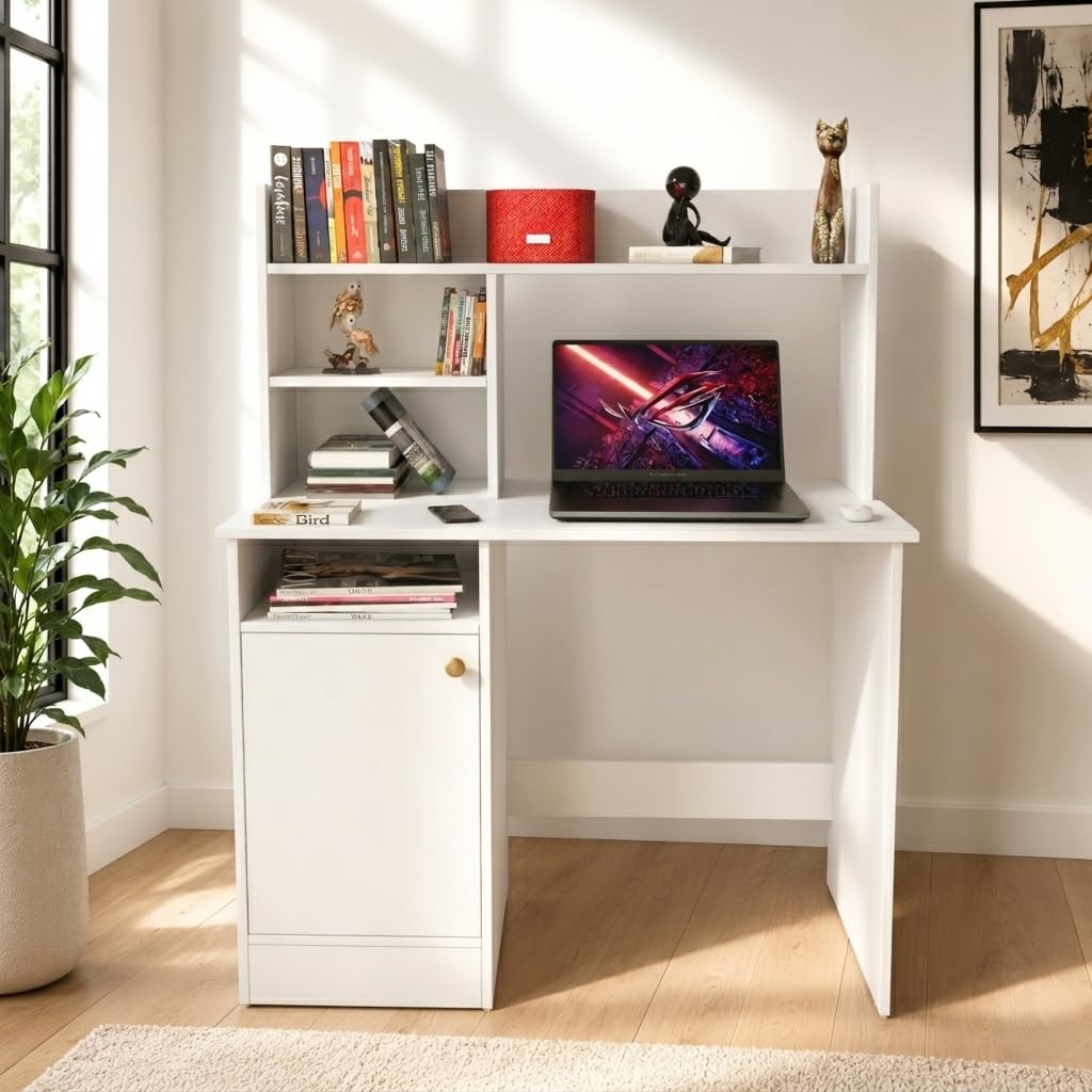 SPYDER CRAFT Modern Indus Engineered Wood Study Table with Storage Shelf | Clean Minimalist Computer Desk for Home, Office, & Bedroom | Durable & Easy to Clean - (White) (Assembly_DIY)-image-4