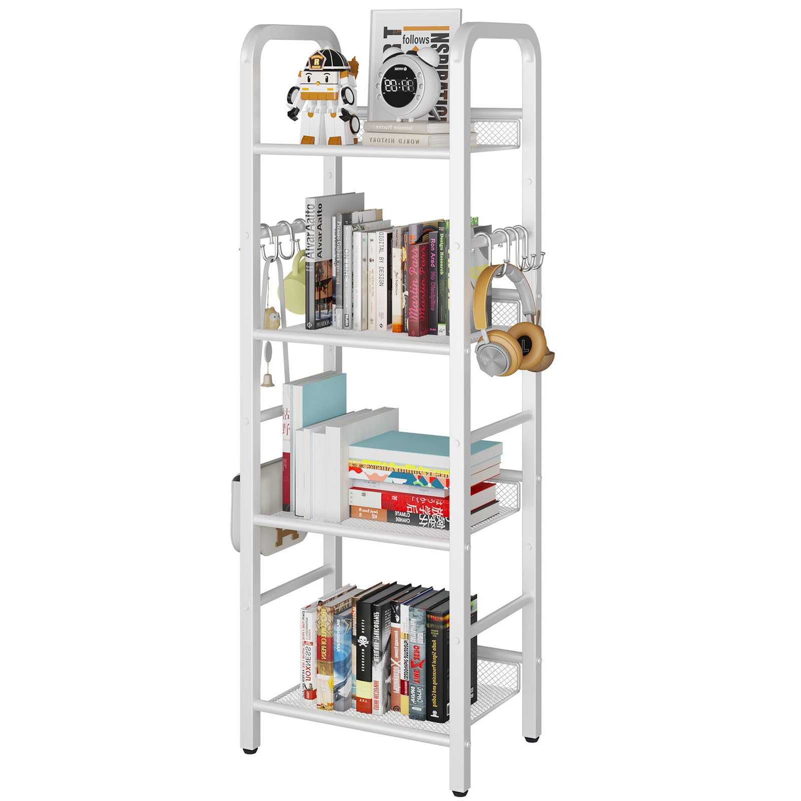 YMYNY Bookshelf, Bookcase, 4-Tier Storage Shelf, Metal Shelving Unit, 8Pcs S Hooks, Modern Style, 36 x 27 x 116 cm, Corner Shelf, Display Units for Living Room, Bedroom, Office, White HBC054W