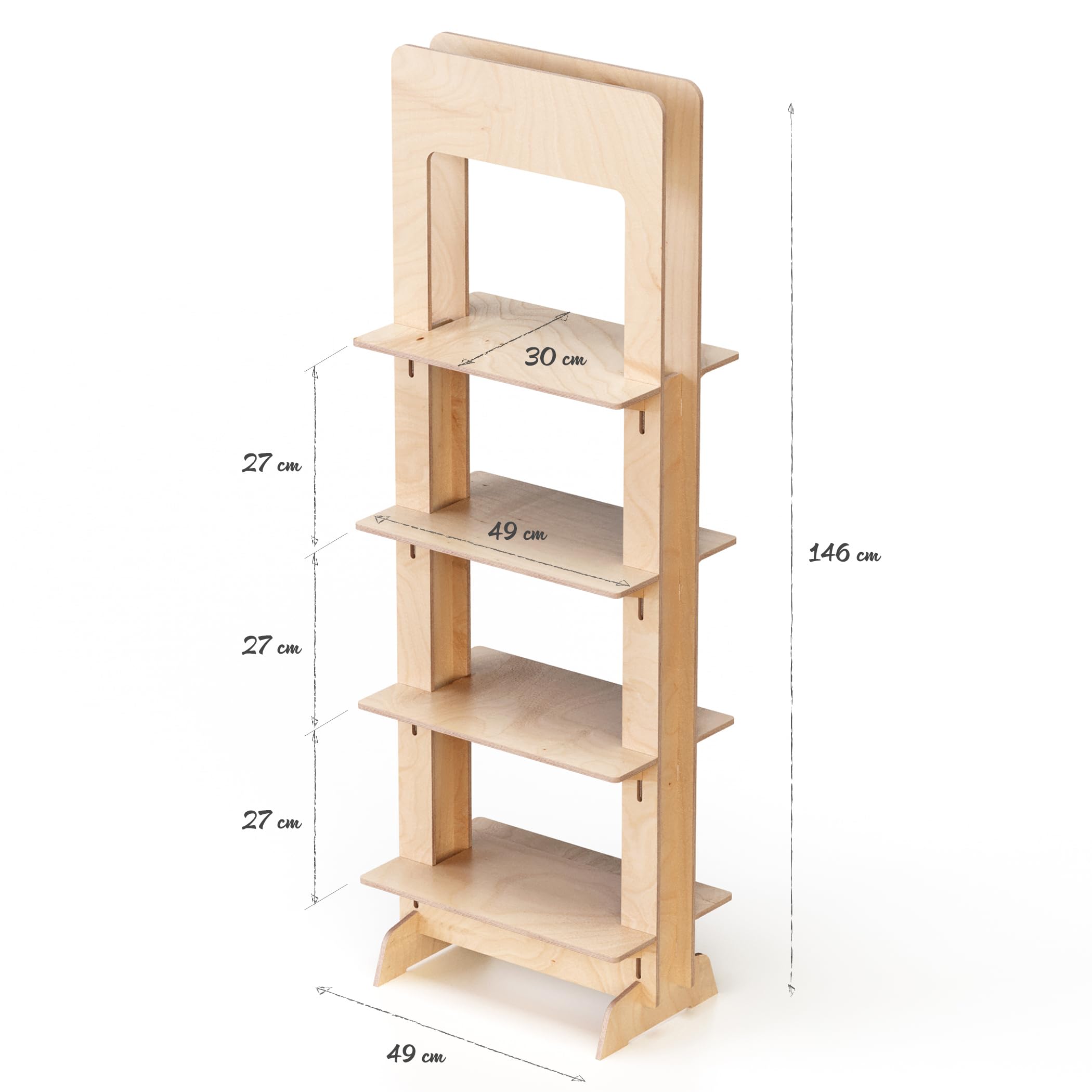 Aufsteller, Verkaufsaufsteller, Ladenaussteller, vom Boden, aus Holz, einfache Steckmontage, 4 Einlegeböden, natürlich und nachhaltig, H. 146 cm (Twin_490)