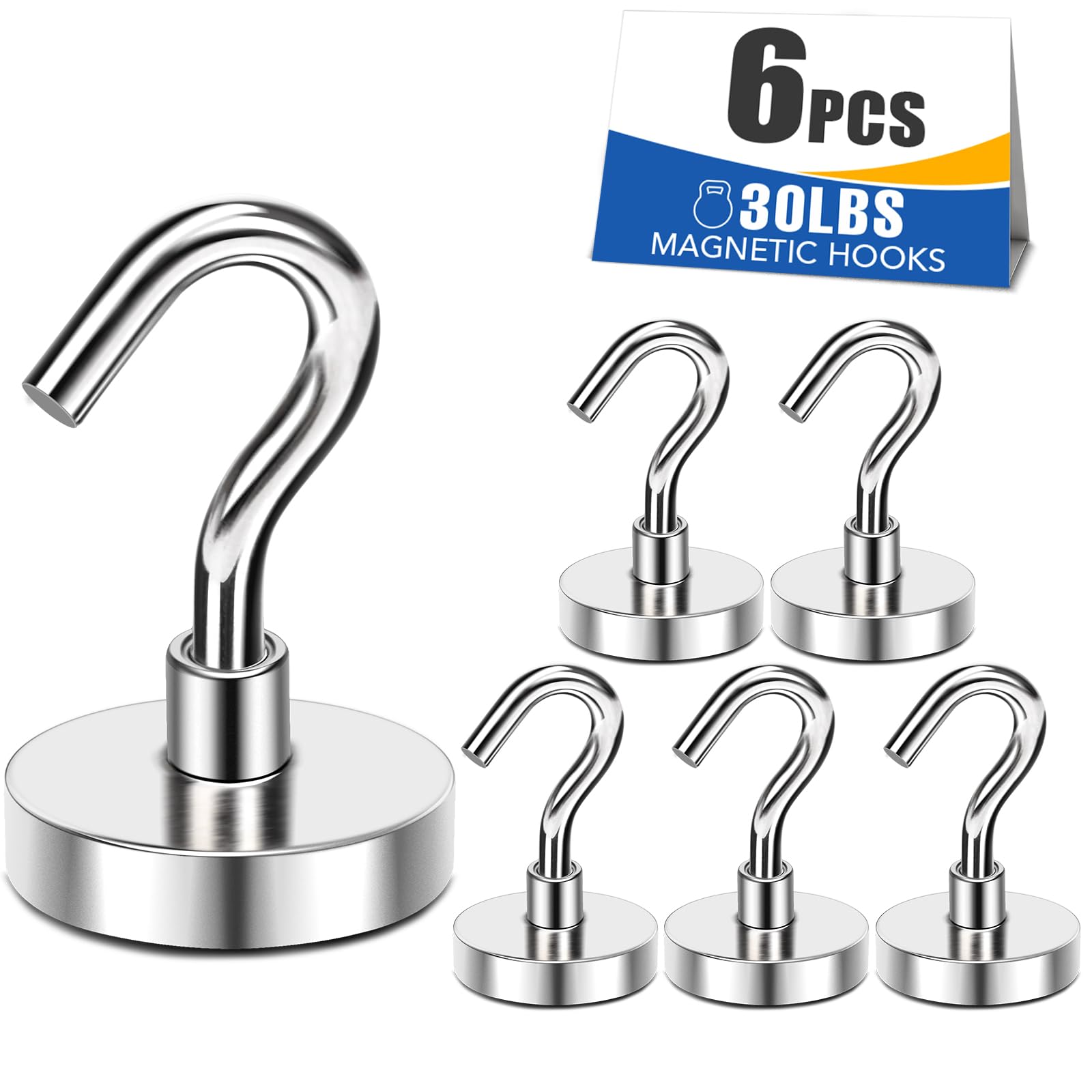 Mikede Silver N52 Magnetic Hooks For Cruise Cabins, 30Lbs High Power Magnetic Hooks Heavy Duty, Strong Magnets With Hooks For Hanging, Magnetic Hanger Cruise Hooks For Kitchen, Garage, Pack Of 6