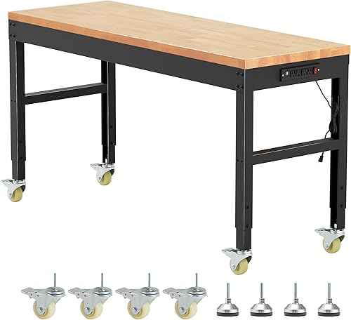 Miniatura 8 de AHB Banco de trabajo de 48 pulgadas de altura ajustable, mesa de trabajo de madera maciza con tomas de corriente, máximo 2000 libras, estación de
