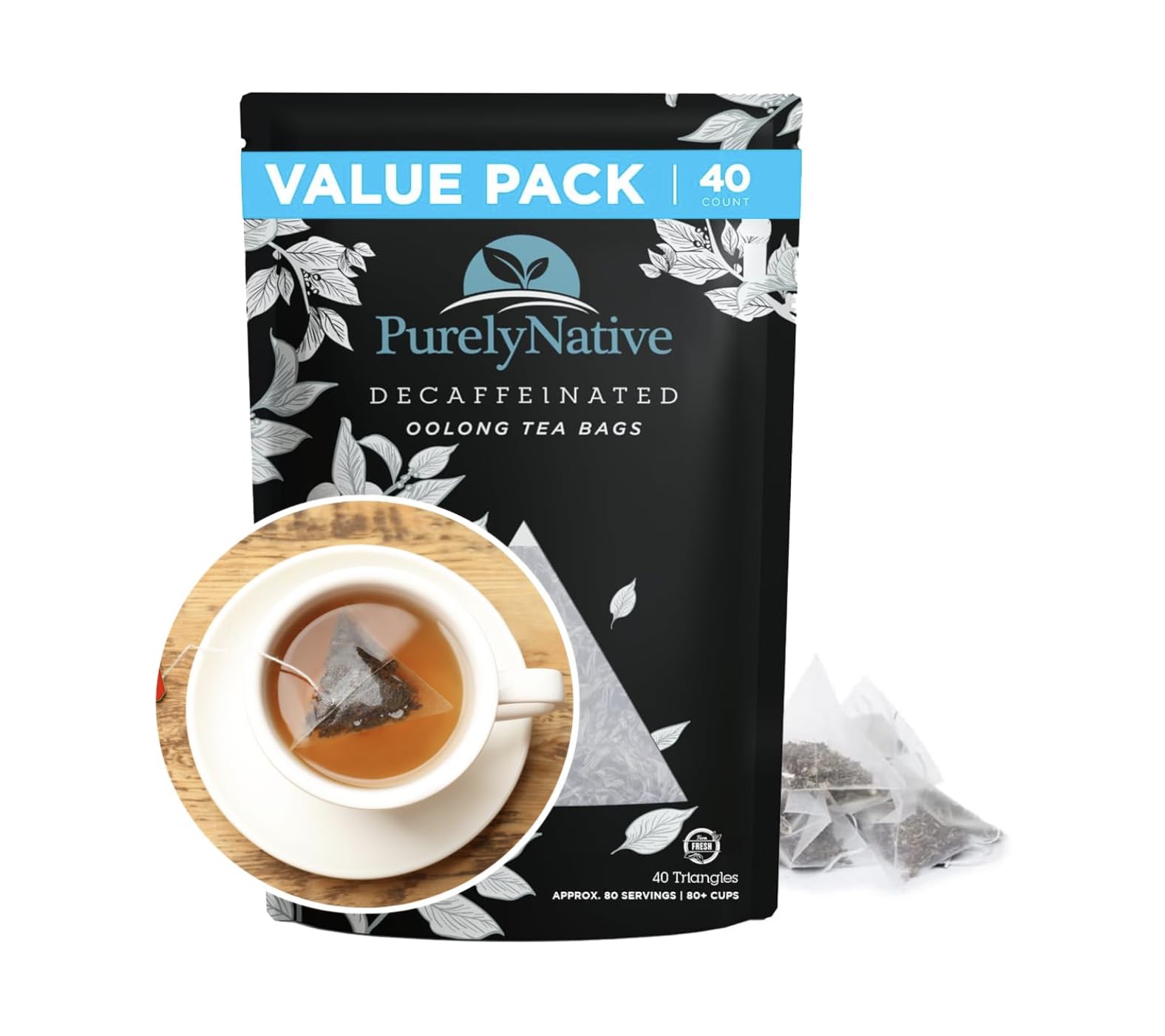 Decaffeinated Oolong Tea Bags Value Pack, Caffeine Free Hot or Iced Tea Brew | Decaf Oolong Tea Triangles | 40 Tea Bag Sachets Makes 80 Cups Of Tea