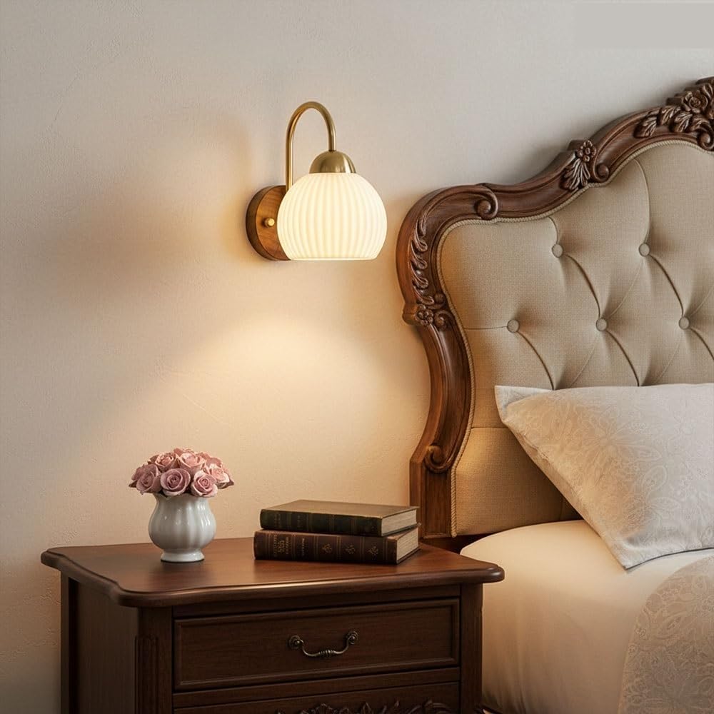 Japanese Modern Wall Sconce, Ribbed Ceramic Globe Shade with Walnut Wood and Brass, Cream Indoor Wall Light, Minimalist Wall Lamp for Bedroom, Bedside, Hallway, Staircase, Entryway Parlor