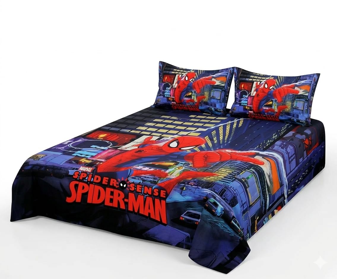Spiderman Kids Bedsheet Double Bed 90x100 Inches Red | Cartoon Superhero Bedding Set for Boys | Soft Glace Cotton Bed Cover for Children | Printed Double Size Bedsheet for Kids Room-image-22