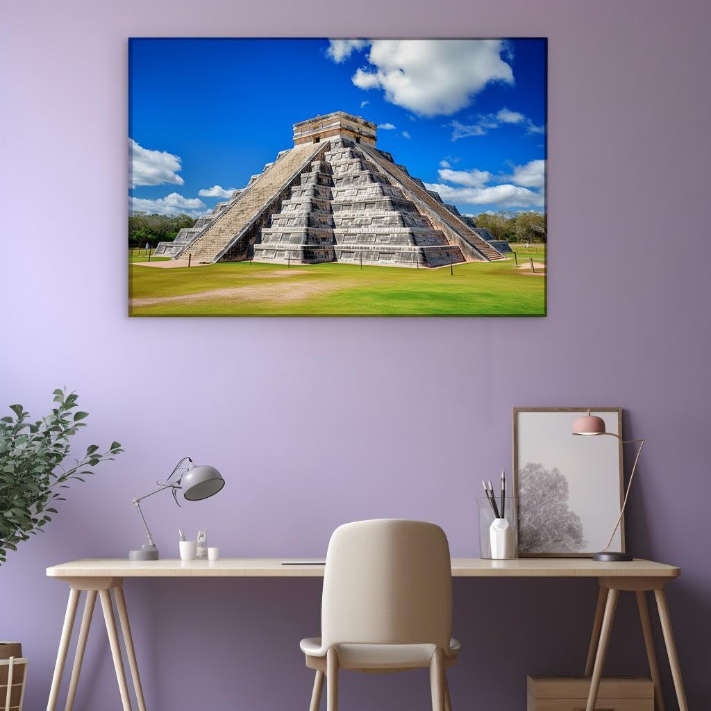 Canvas for Living room. Unveiling the Majestic El Castillo - A Timeless Mayan Masterpiece against the Serene Mexican Sky, 27 x 18 inch Canvas Wall Art - Contemporary Masterpieces - Modern Home Decor