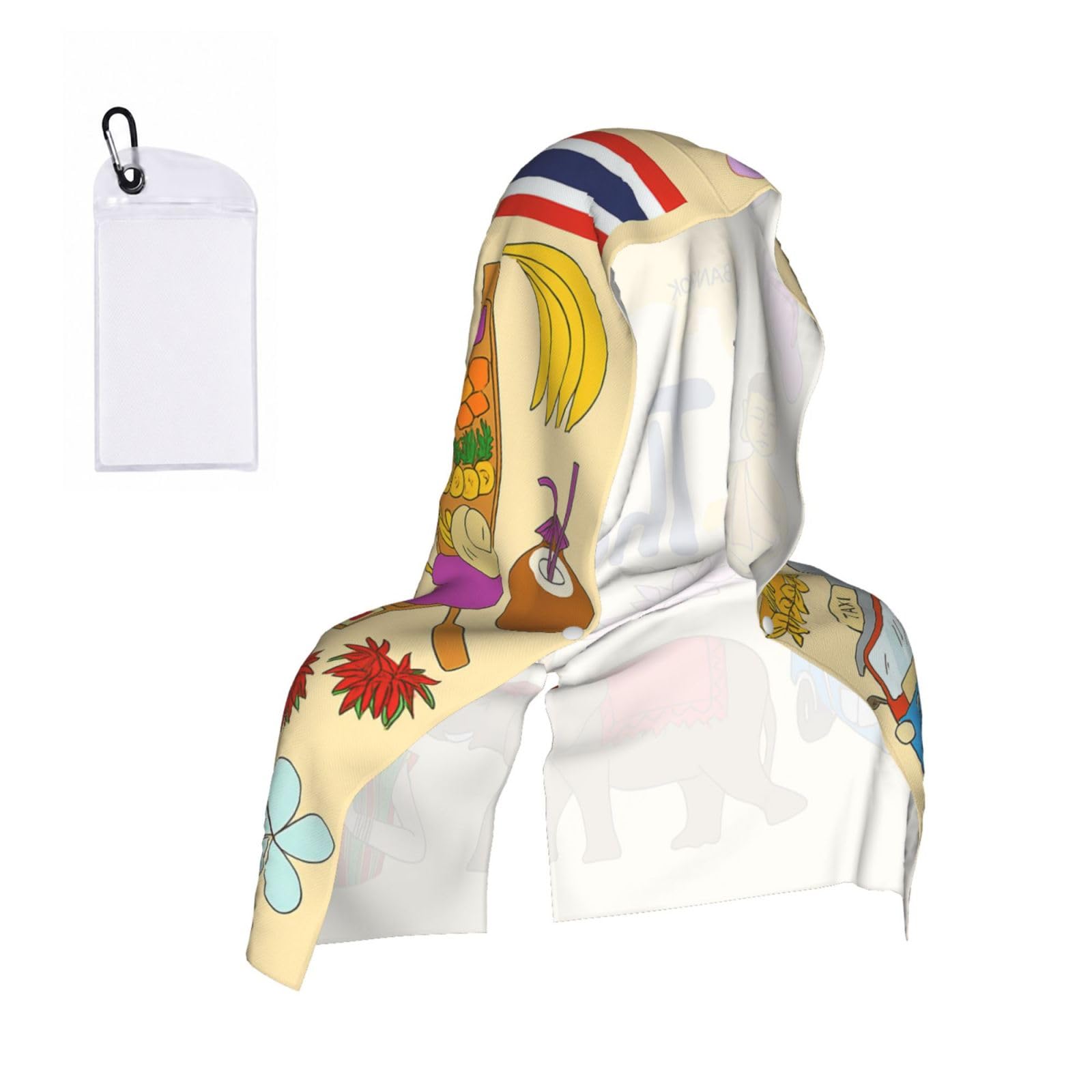 DUWAA Thailand Cultural Symbols Print Cooling Hooded Sports Towel, 30×60cm Quick Drying Summer Cool Head Wrap For Neck And Face