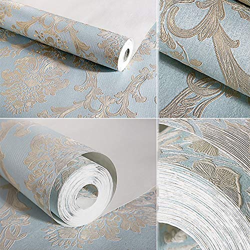 Ccsu 3D European Fabric Wall Covering For Bedroom Living Room Tv Background Wall Decor,Not-Woven Embossed Vintage Floral Wallpaper Blue 1.73Ft32.8Ft(0.5310M) #TOP4