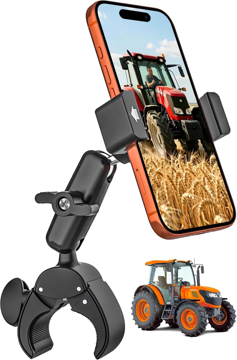 Rugged Claw Clamp Rail Bar Phone Mount for Tractor, Lawn Mower & Forklift