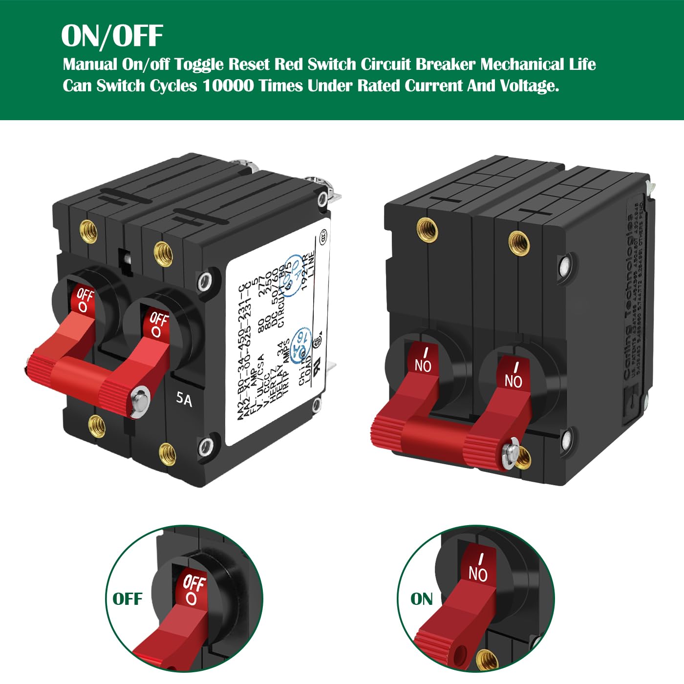 A-Series Red Toggle AC/DC Double Pole 5A Boat Magnetic Circuit Breaker - 5 Amp Protects Low Power Devices for Yachts, Motorhomes, Campers and Caravans