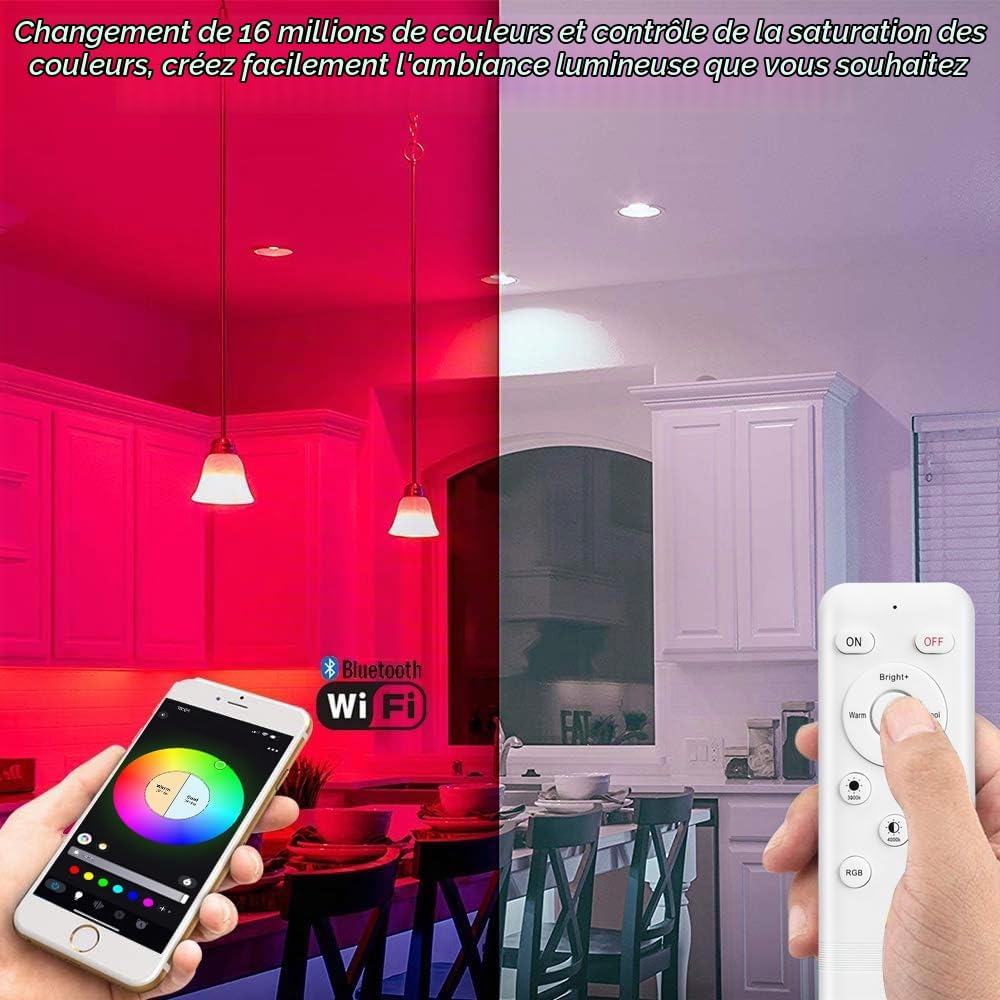 5W Wifi Spot Led Encastrable RGBWC Plafonnier Lampe avec télécommande, Bluetooth éclairage plafond encastré pour exposition, salon, cuisine, ktv, bars (10 Pieces)