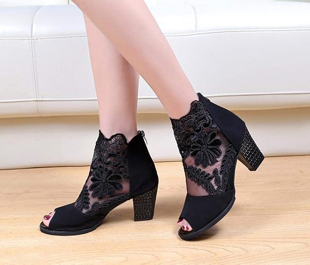 Lace mesh insert chunky heeled boots Clearance