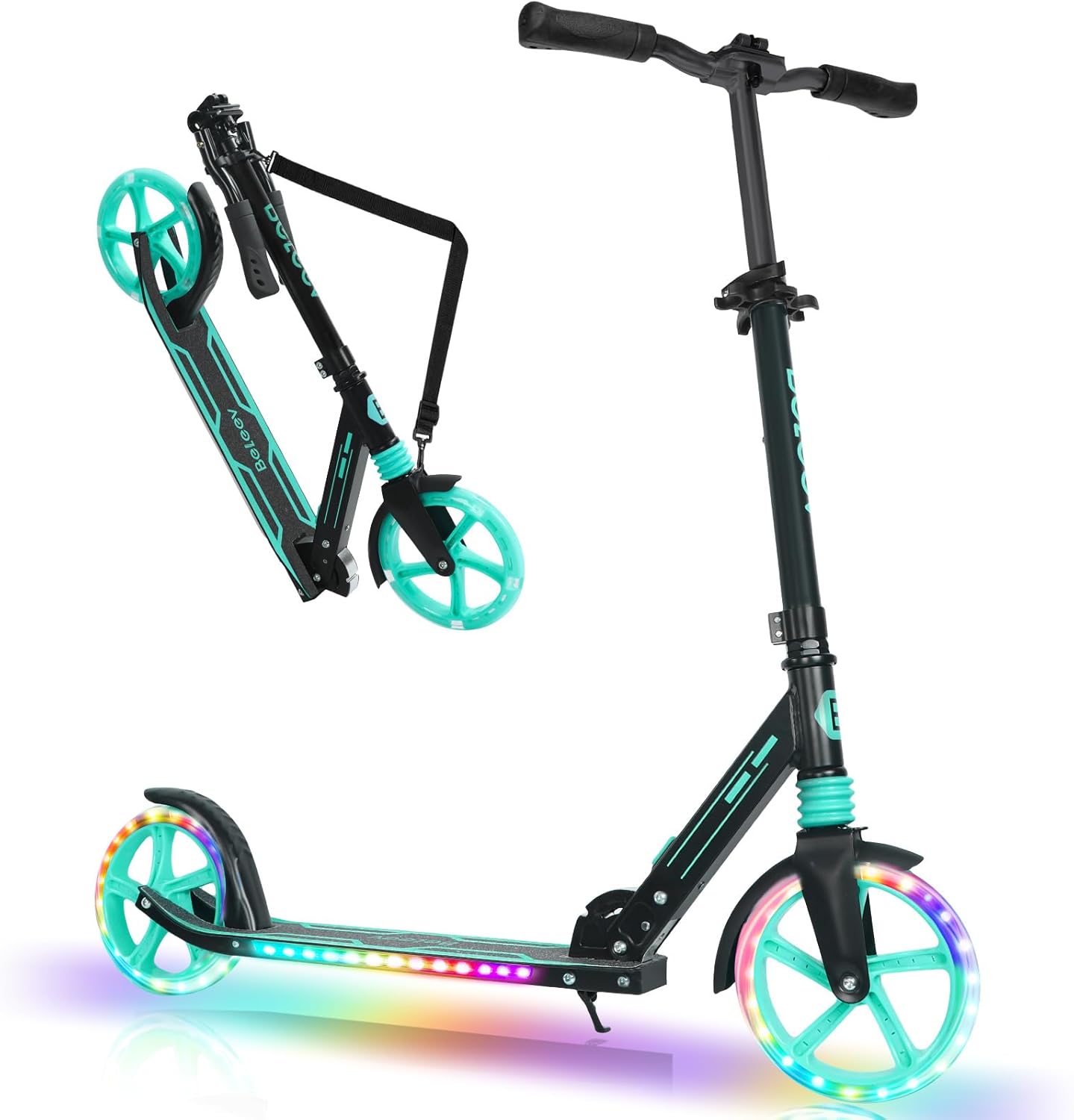 BELEEV V5 Plus Scooters for Kids Ages 6+, Teens with Light-Up Wheels & Deck, 2 Wheel Folding Lightweight Sport Scooter with 4 Adjustable Height, 8-inch Big Wheels, Carry Strap, Max Load 220 lbs Aqua
