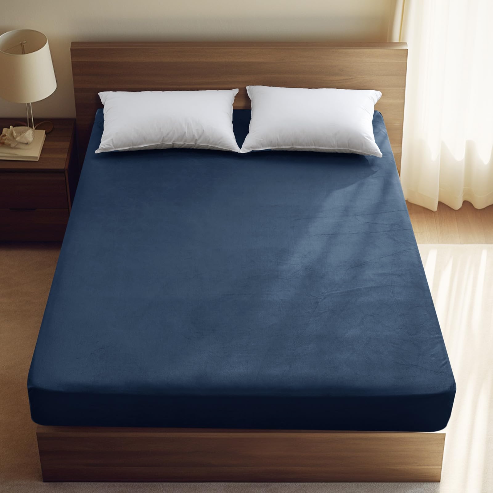 phf ultra soft velvet fitted sheet twin size, 16" deep pocket with wider stronger elastic band, easy fit easy care, 1 pack cozy comfy flannel bottom sheet for all seasons, no pillowcases, navy blue