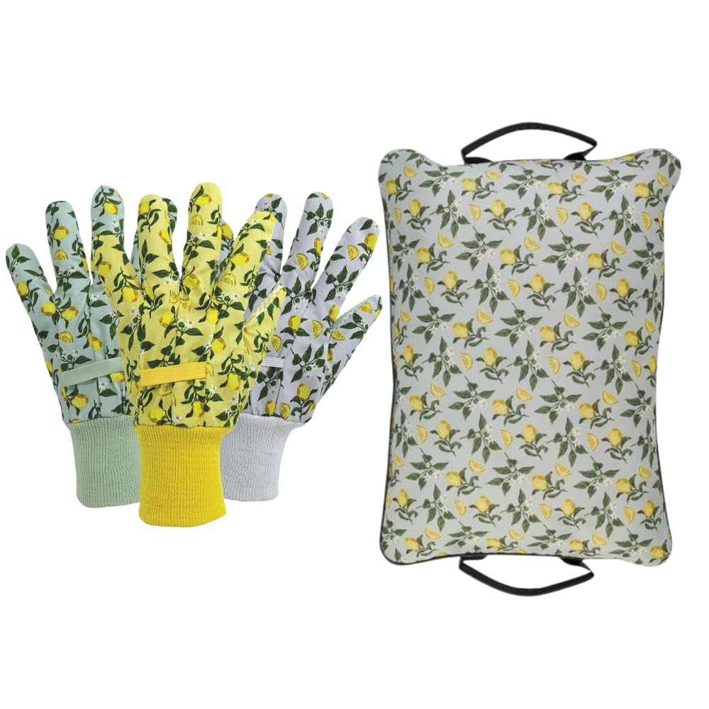 Garden Mile Sicillian Lemon Gloves And Kneeler Garden Kneeler Triple Pack Cotton Grip Garden Gloves Mothers Day Lightweight With Handles Multi-Use Indoor Outdoor Durable Gardening Protection (Sicillian Lemon Gloves And Kneeler)
