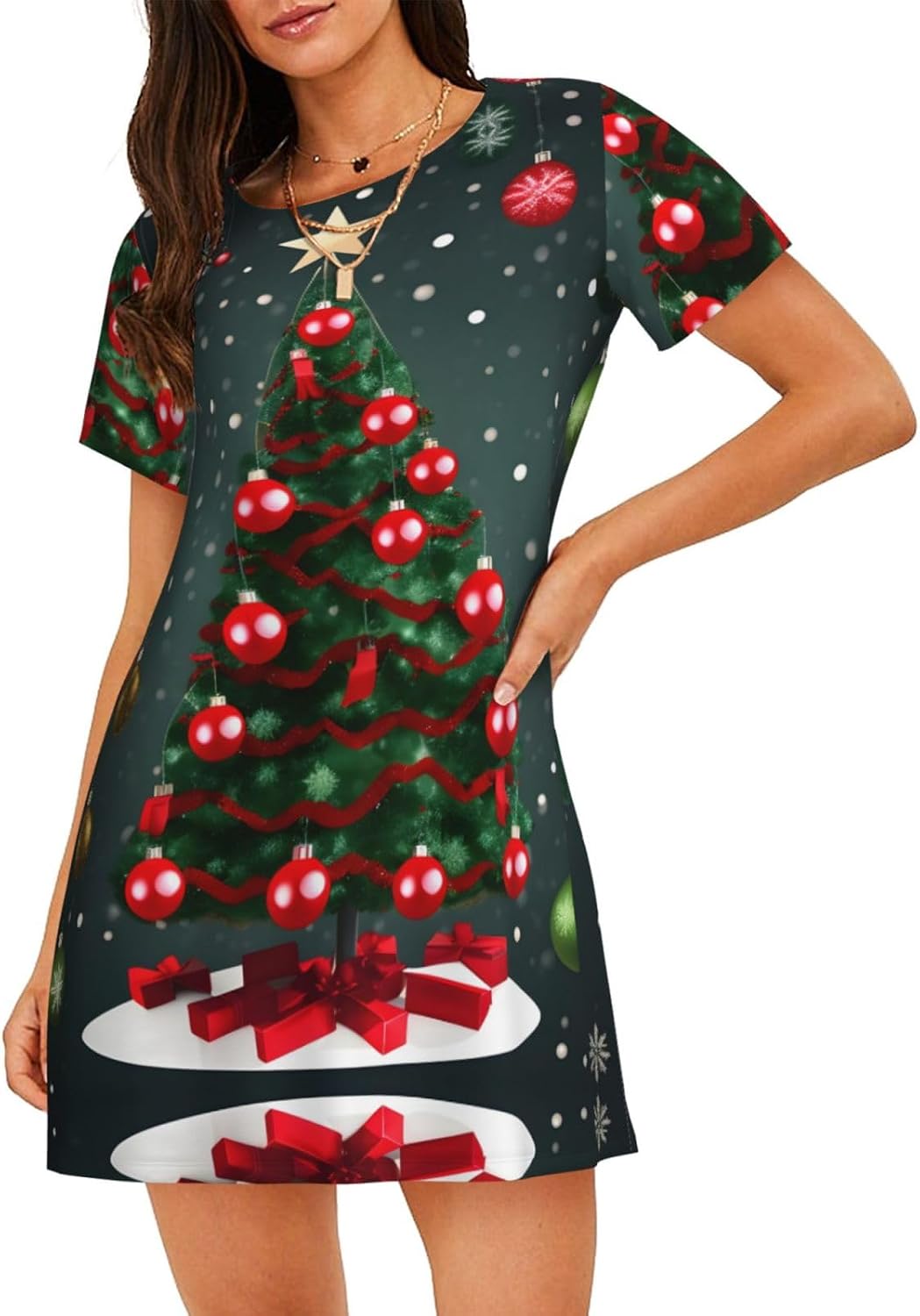 Casual Christmas Tree And Ball Print Print Pajama Dress,Women Short Sleeve Nightgown,Soft Comfortable Sleepwear
