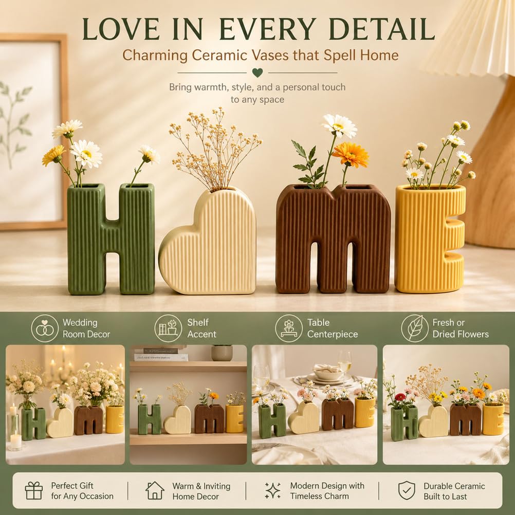 Keramik Deko Vasen 4er Set Home Form Moderne Blumenvasen | Boho Nordisch Wohnzimmer Couchtisch Regal Büro Eingangsbereich Bauernhaus Tischdeko Wohnaccessoire Dekorativ Minimalistisch