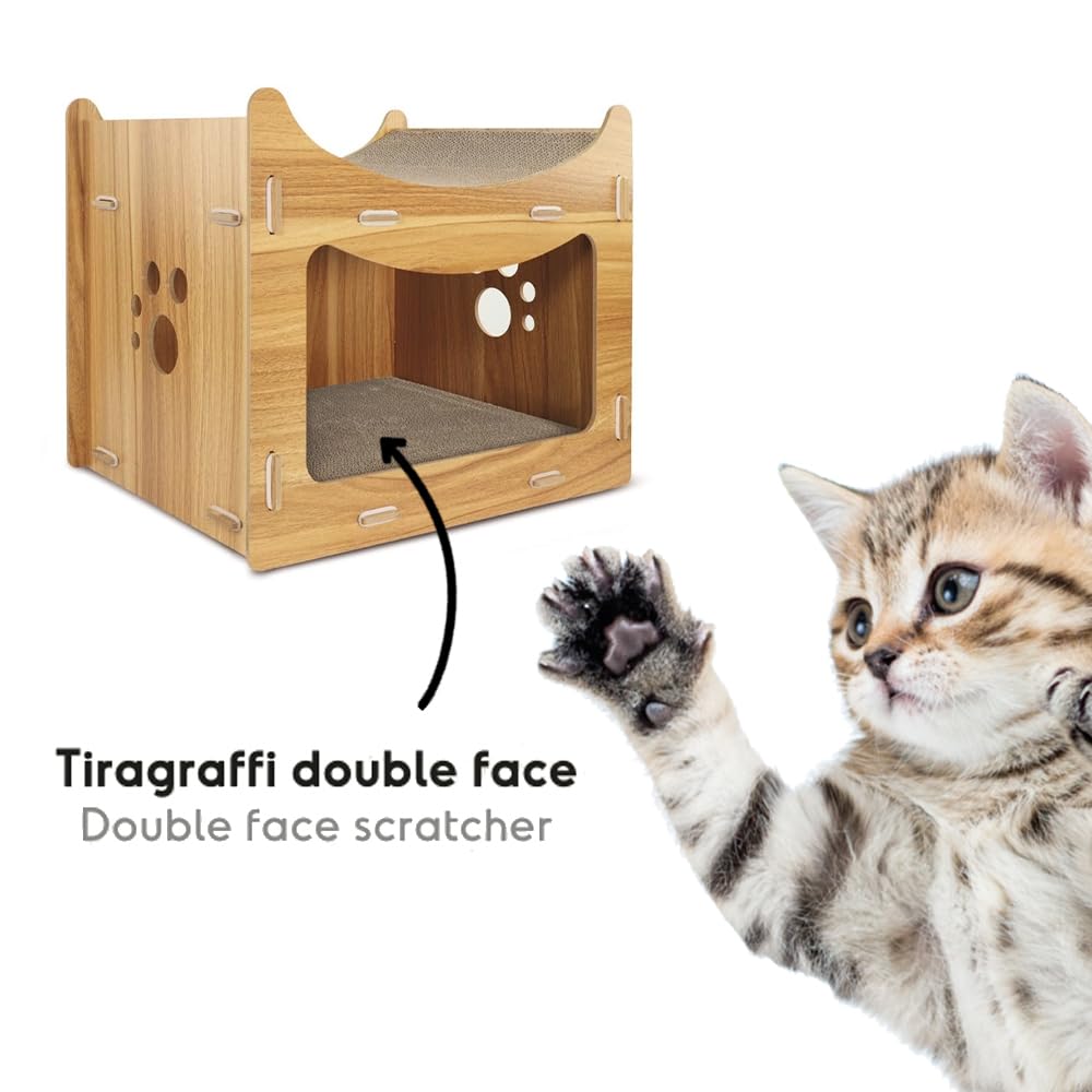 Record griffoir pour Chat Pagoda en Bois et Carton avec Herbe à Chat – Structure rectangulaire 45 x 30 x 35h – Niche Confortable – Couleur La Havane