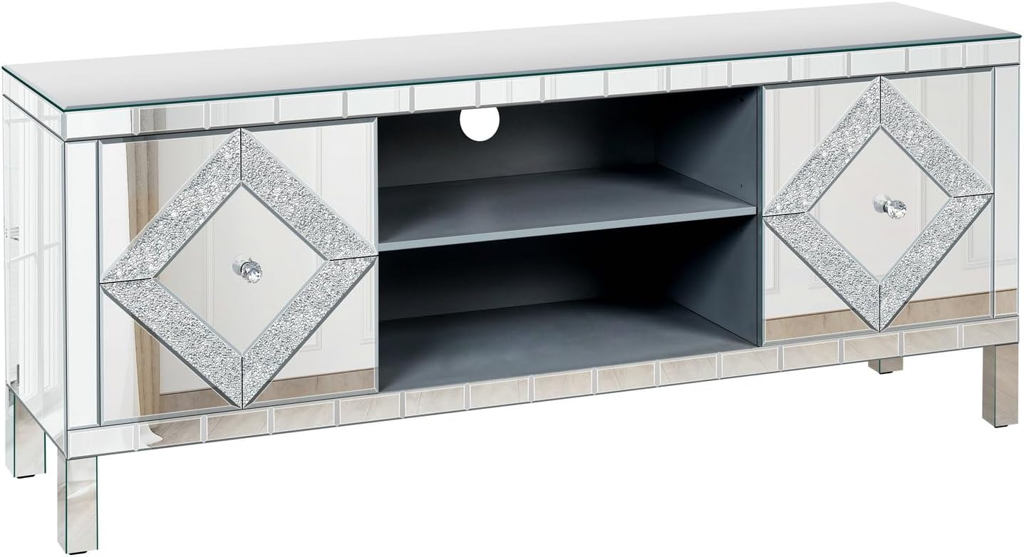 RuiSiSi Mirrored TV Stand with Storage Cabinets, for 65+ Inch TV, Glass Entertainment Center with Diamond Shape Sparkling Mirror Doors, Sliver