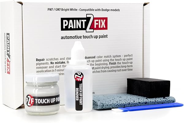Close-up of the PAINT2FIX PW7 / GW7 Bright White Touch-Up Paint Kit components laid out.