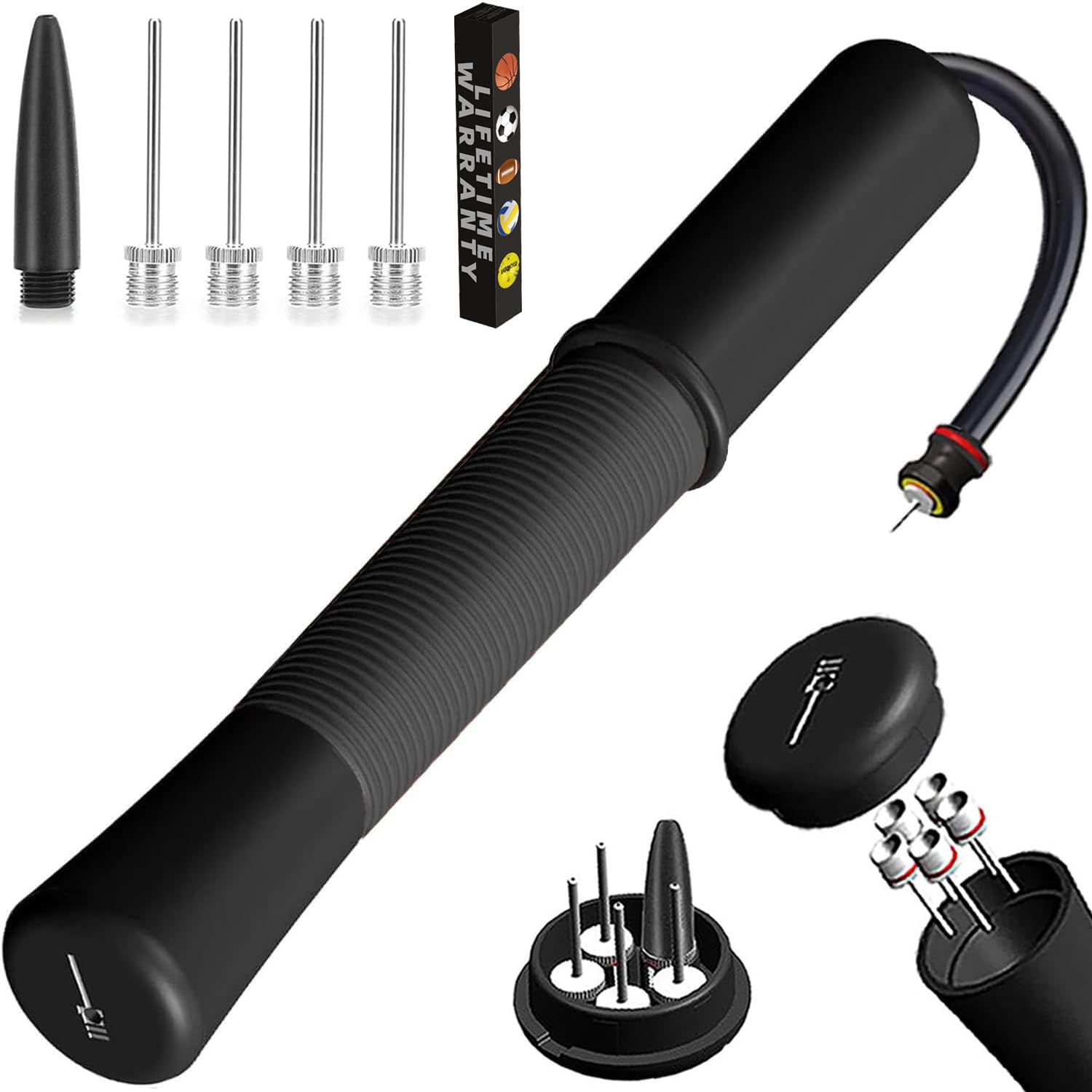 Ball Pump with Needle Storage, 5 Needles &amp; Extension Hose for Sports Balls