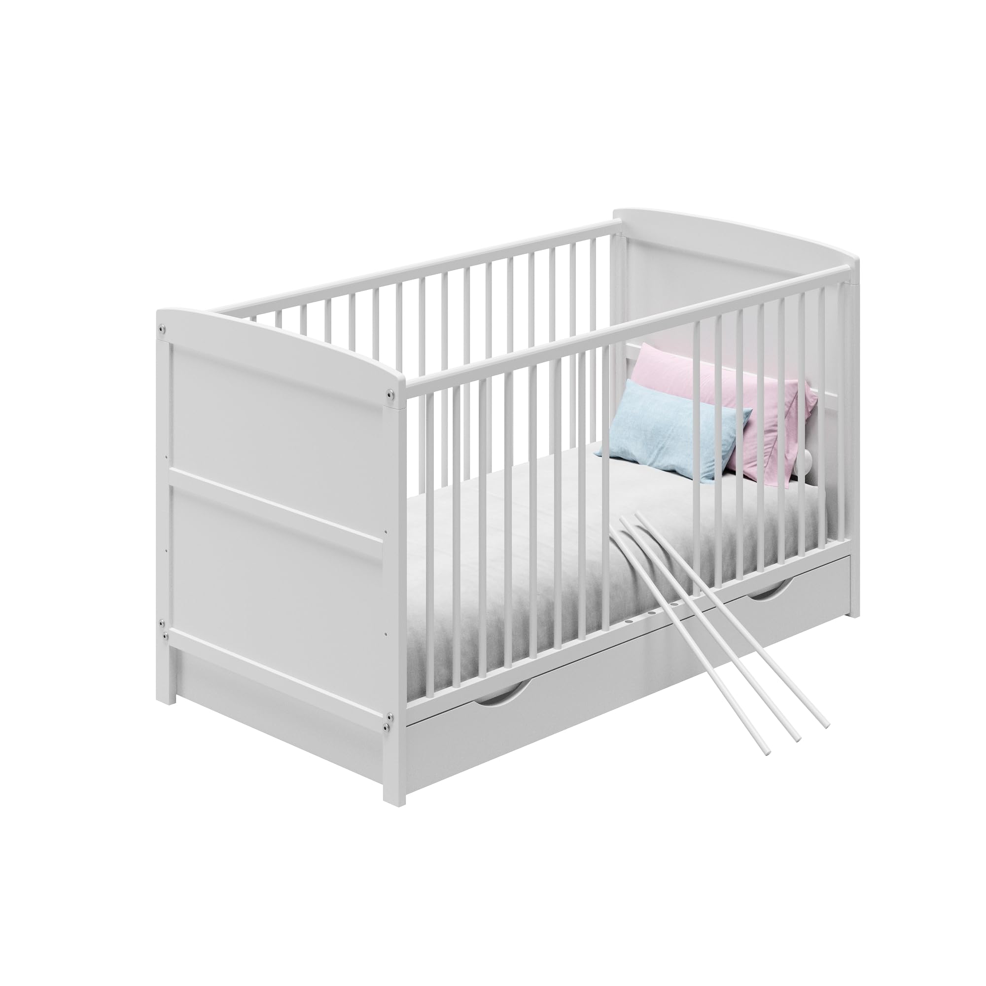 Cuna de bebé 70x140 con cajón, cuna con rejillas, cuna infantil, altura regulable y barras extraíbles con colchón | otras medidas: 60x120 cm | 70x140 cm: desde el nacimiento hasta los 6 años, color