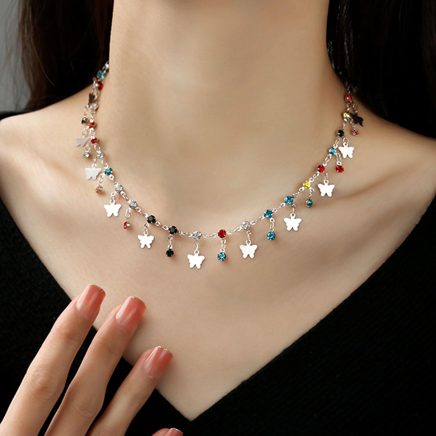 Vintage Colorful Crystal Choker Necklace Rainbow Cz Rhinestone Chain Necklace Tiny Butterfly Dangle Necklace Rainbow Gemstone Pendant Necklace Jewelry for Women - Image 2