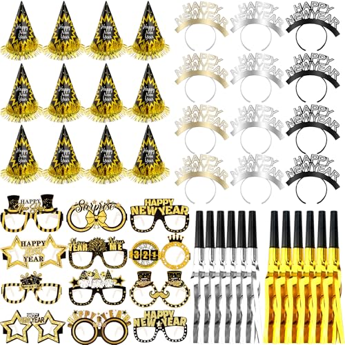 Cagemoga 48 Pack Happy New Year Party Favor Set with New Year Headband Paper Eyeglasses Cone Hats and Glitter Fringed Noisemakers for New Year Eve Party Favors