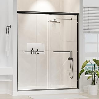 Glass Shower Doors, 56" - 60" W x 72" H Double Sliding Shower Door, Aluminum Semi-Frameless & 1/4"(6mm) Clear Tempered Glass Bypass Shower Door for Walk in Shower, Bathroom（Matte Black）