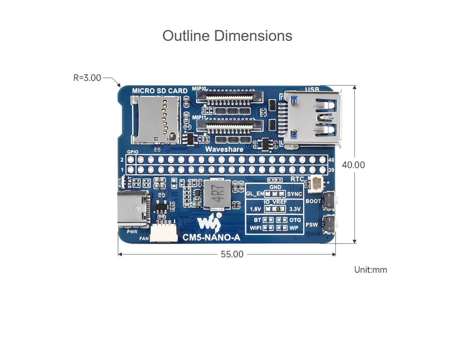Scheda di Base per Raspberry Pi Compute Module 5 Lite/eMMC, Stessa Dimensione del CM5, con CM5 Socket /40PIN GPIO Header/USB 3.2/MIPI/TF Card Socket Interfaccia ecc.