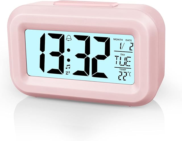 Vicloon Digital Alarm Clock Bedside, LED Display Clocks with Adjustable Snooze 12/24Hr,Temperature, Date,Timer, Light control Portable Alarm clocks for Bedroom Home Office KitchenPink