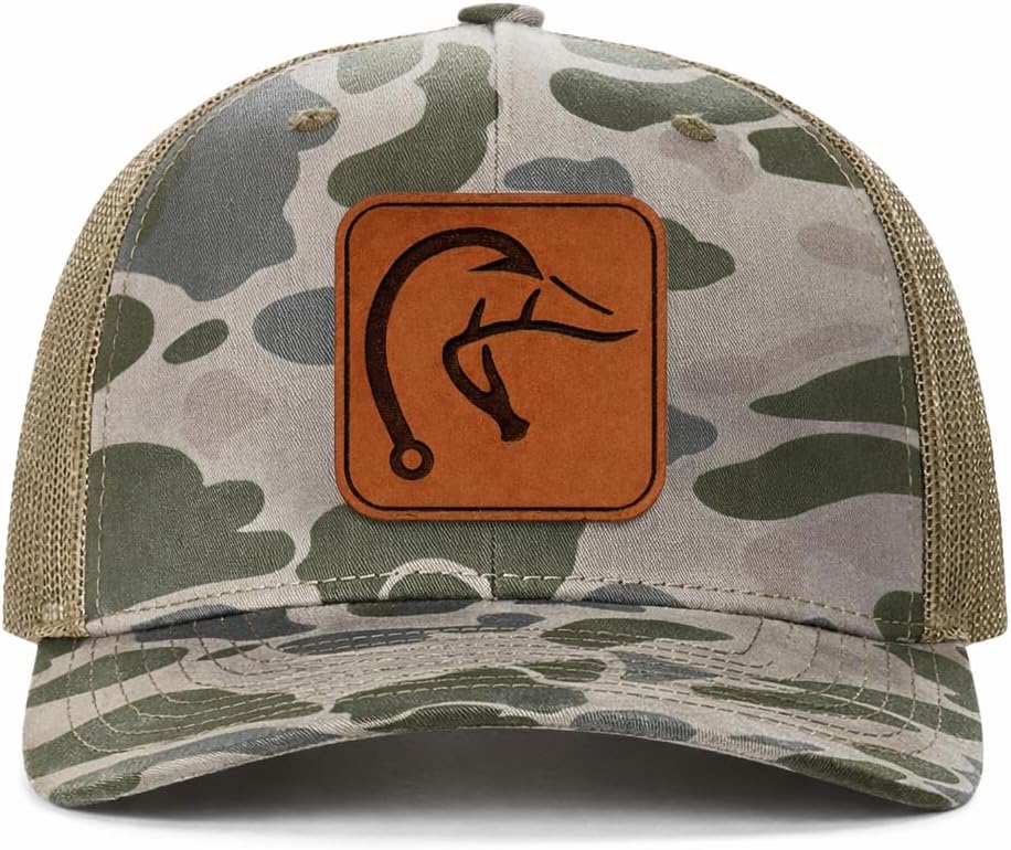 Duck Hook Antler Hunting Hat for Men. Genuine Leather Patch on a Richardson 112 Trucker