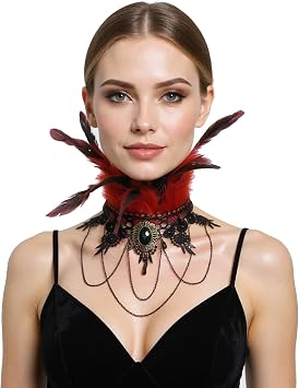 Gothic Feather Lace Choker Necklace with Chains Victorian Punk Collar for Halloween, Cosplay, Masquerade Costume Red