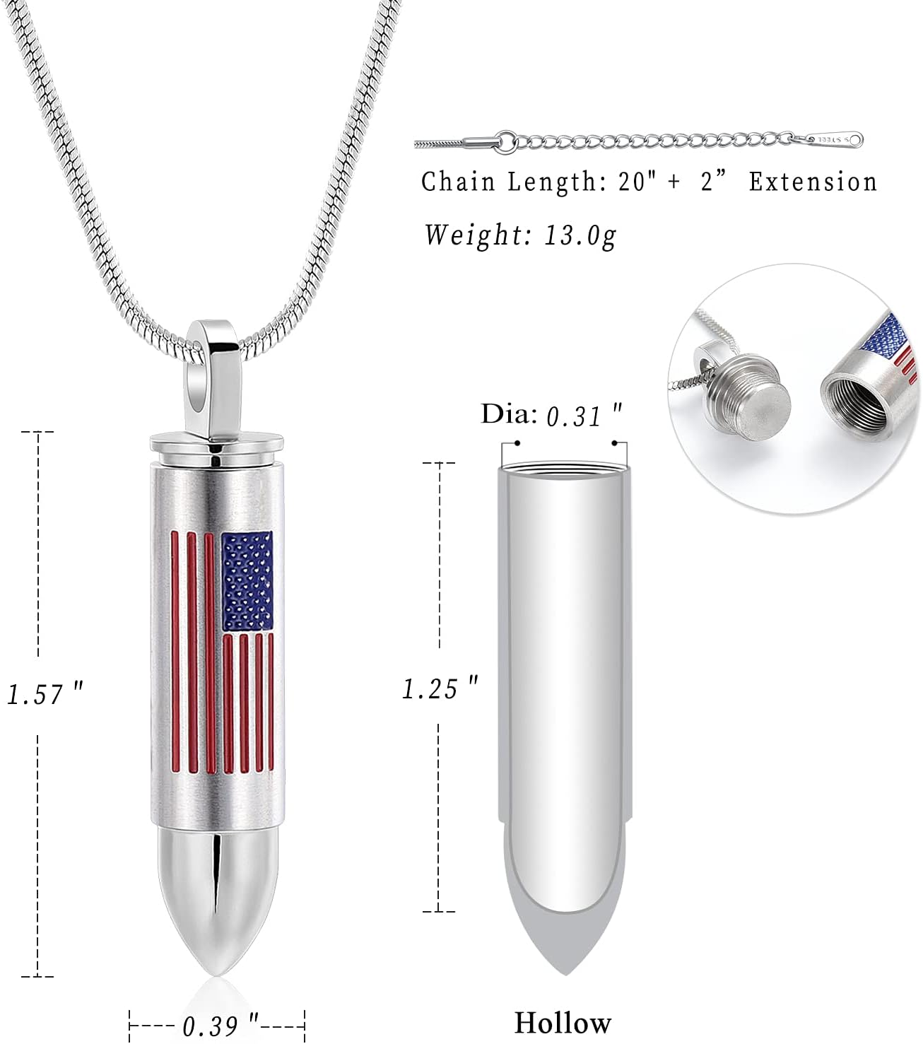 Bullet American Flag Teardrop Urn Necklaces for Man/Women Bullet Cremation Jewelry for Ashes, Stainless Steel Cremation Urns Memorial Keepsake Ashes Holder for Pets Dogs Cats